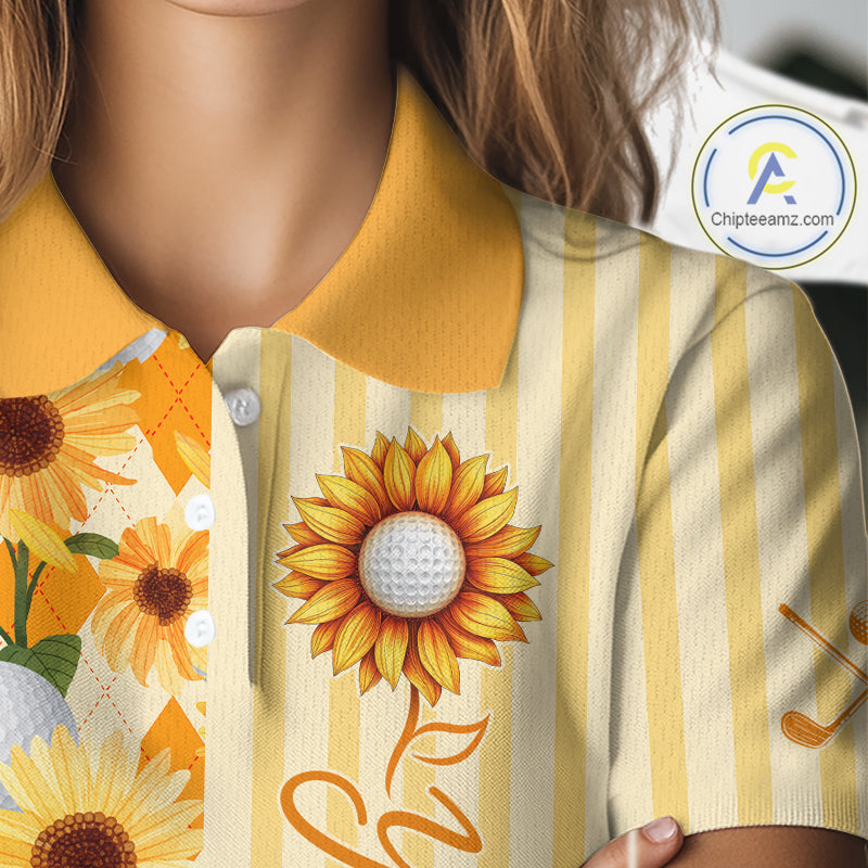 Personalized Sunflower Womens Golf Polo Shirt Custom Name Golf Ball Floral Polo Shirt 