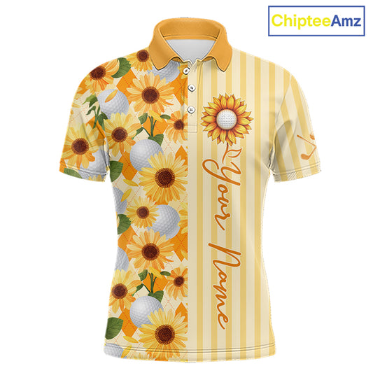 Personalized Sunflower Mens Golf Polo Shirt Custom Name Golf Ball Floral Polo Shirt 