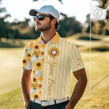 Load image into Gallery viewer, Personalized Sunflower Mens Golf Polo Shirt Custom Name Golf Ball Floral Polo Shirt 