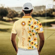 Load image into Gallery viewer, Personalized Sunflower Mens Golf Polo Shirt Custom Name Golf Ball Floral Polo Shirt 