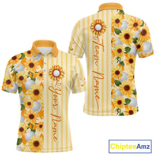 Load image into Gallery viewer, Personalized Sunflower Mens Golf Polo Shirt Custom Name Golf Ball Floral Polo Shirt 