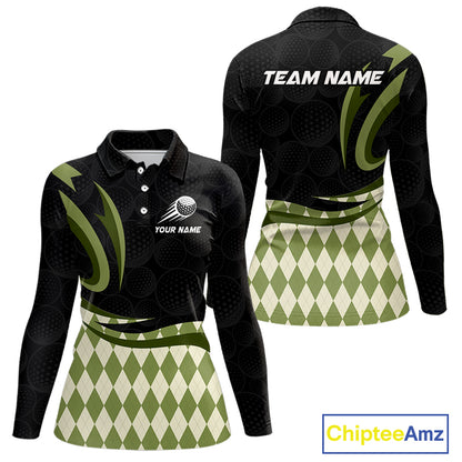 Personalized Womens Golf Polo Shirt Custom Name, Black Green Argyle Golf Team Polo 