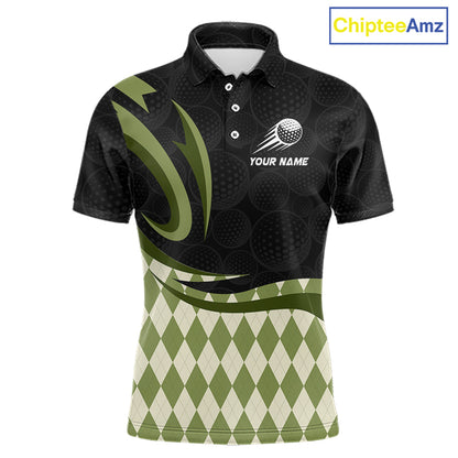Personalized Mens Golf Polo Shirt Custom Name, Black Green Argyle Golf Team Polo 