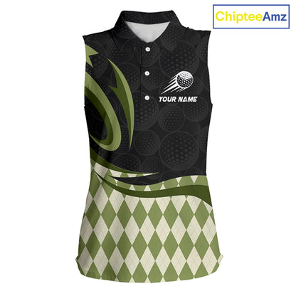 Personalized Womens Sleeveless Golf Polo Shirt Custom Name, Black Green Argyle Golf Team Polo 