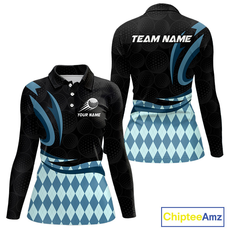 Personalized Womens Golf Polo Shirt Custom Name, Black Blue Argyle Golf Team Polo 