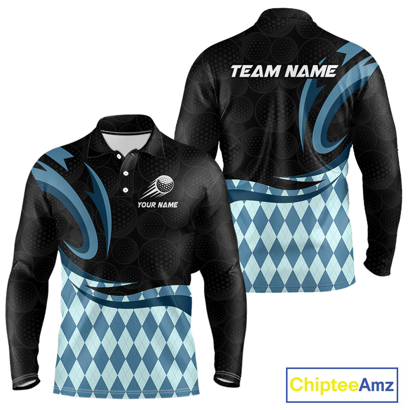 Personalized Mens Golf Polo Shirt Custom Name, Black Blue Argyle Golf Team Polo 
