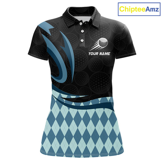 Personalized Womens Golf Polo Shirt Custom Name, Black Blue Argyle Golf Team Polo 