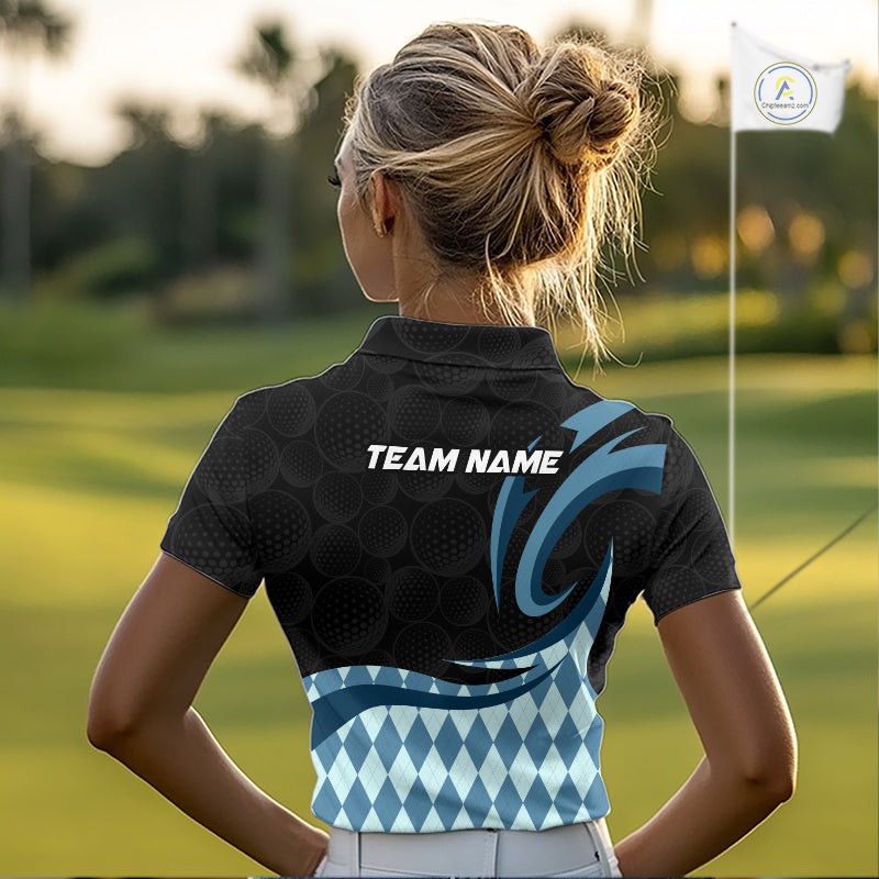 Personalized Womens Golf Polo Shirt Custom Name, Black Blue Argyle Golf Team Polo 