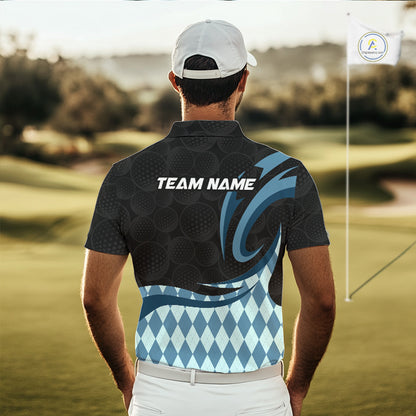 Personalized Mens Golf Polo Shirt Custom Name, Black Blue Argyle Golf Team Polo 