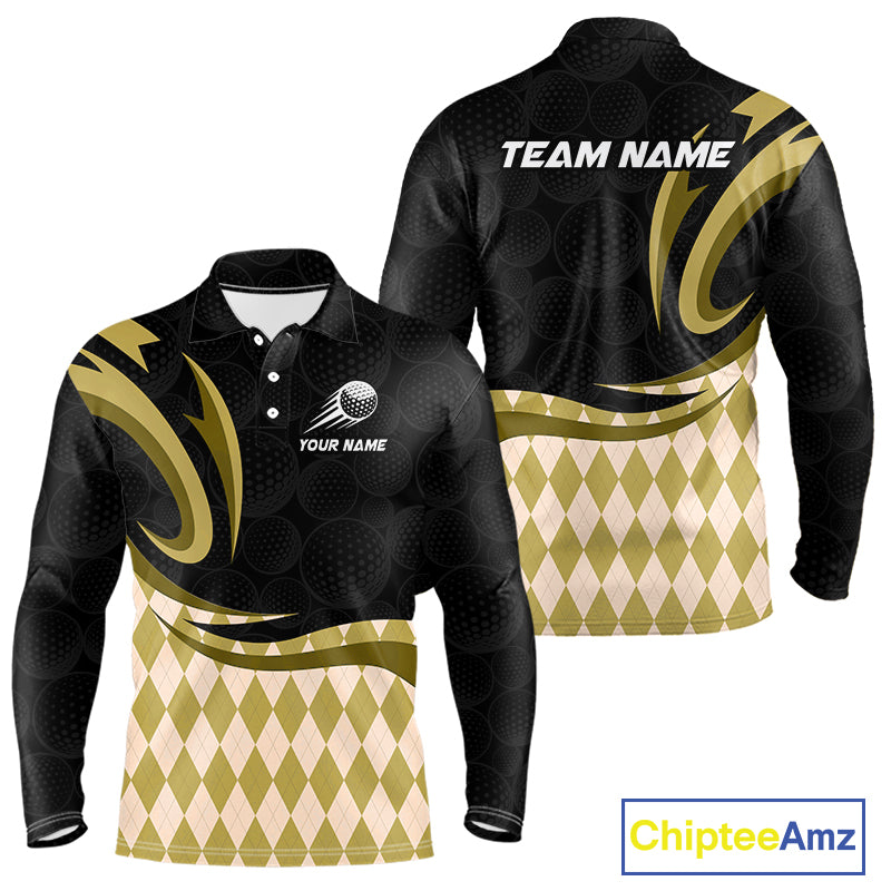 Personalized Mens Golf Polo Shirt Custom Name, Black Yellow Argyle Golf Team Polo 