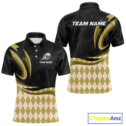 Personalized Mens Golf Polo Shirt Custom Name, Black Yellow Argyle Golf Team Polo 