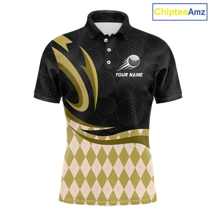 Personalized Mens Golf Polo Shirt Custom Name, Black Yellow Argyle Golf Team Polo 