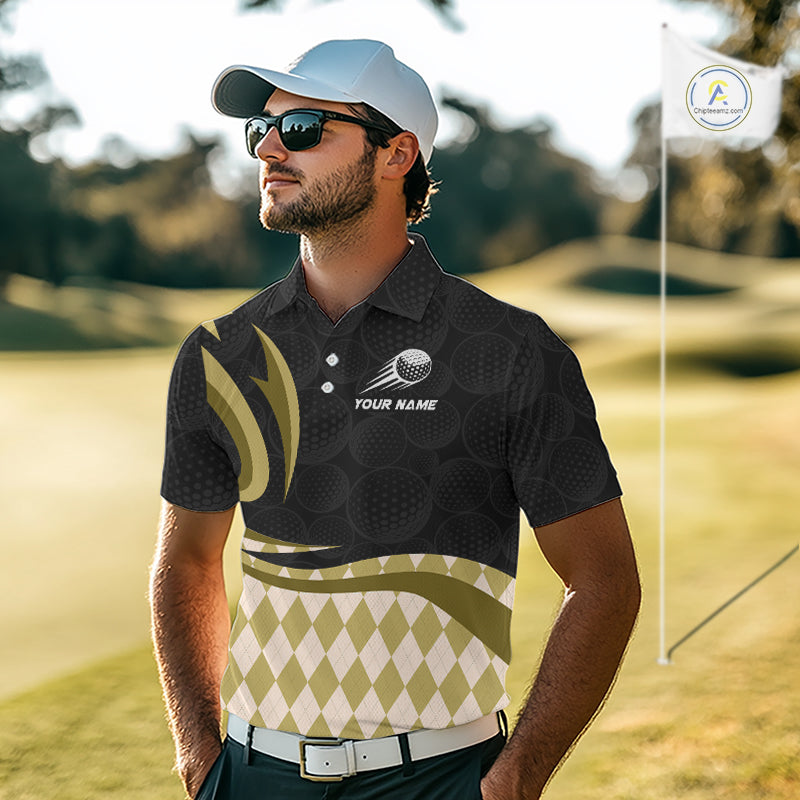 Personalized Mens Golf Polo Shirt Custom Name, Black Yellow Argyle Golf Team Polo 