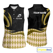 Load image into Gallery viewer, Personalized Womens Sleeveless Golf Polo Shirt Custom Name, Black Yellow Argyle Golf Team Polo 