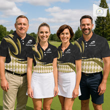 Load image into Gallery viewer, Personalized Womens Golf Polo Shirt Custom Name, Black Yellow Argyle Golf Team Polo NHT1076