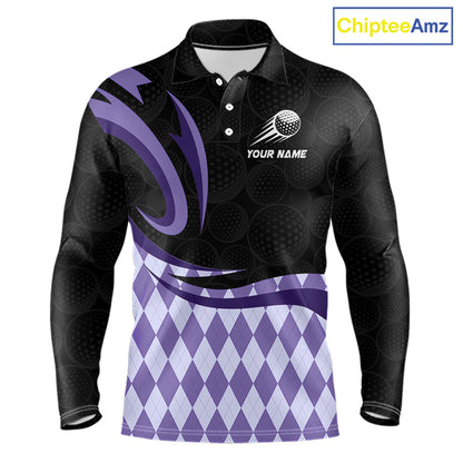 Personalized Mens Golf Polo Shirt Custom Name, Black Purple Argyle Golf Team Polo 