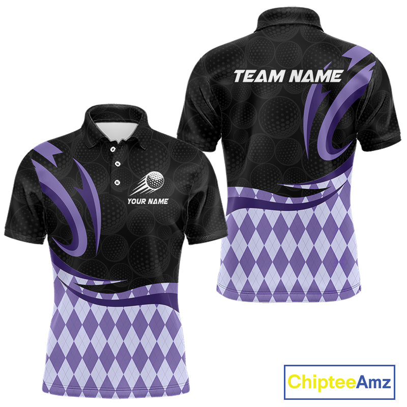 Personalized Mens Golf Polo Shirt Custom Name, Black Purple Argyle Golf Team Polo 
