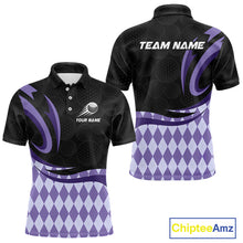 Load image into Gallery viewer, Personalized Mens Golf Polo Shirt Custom Name, Black Purple Argyle Golf Team Polo 