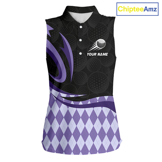 Personalized Womens Sleeveless Golf Polo Shirt Custom Name, Black Purple Argyle Golf Team Polo 