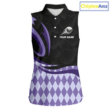 Load image into Gallery viewer, Personalized Womens Sleeveless Golf Polo Shirt Custom Name, Black Purple Argyle Golf Team Polo 