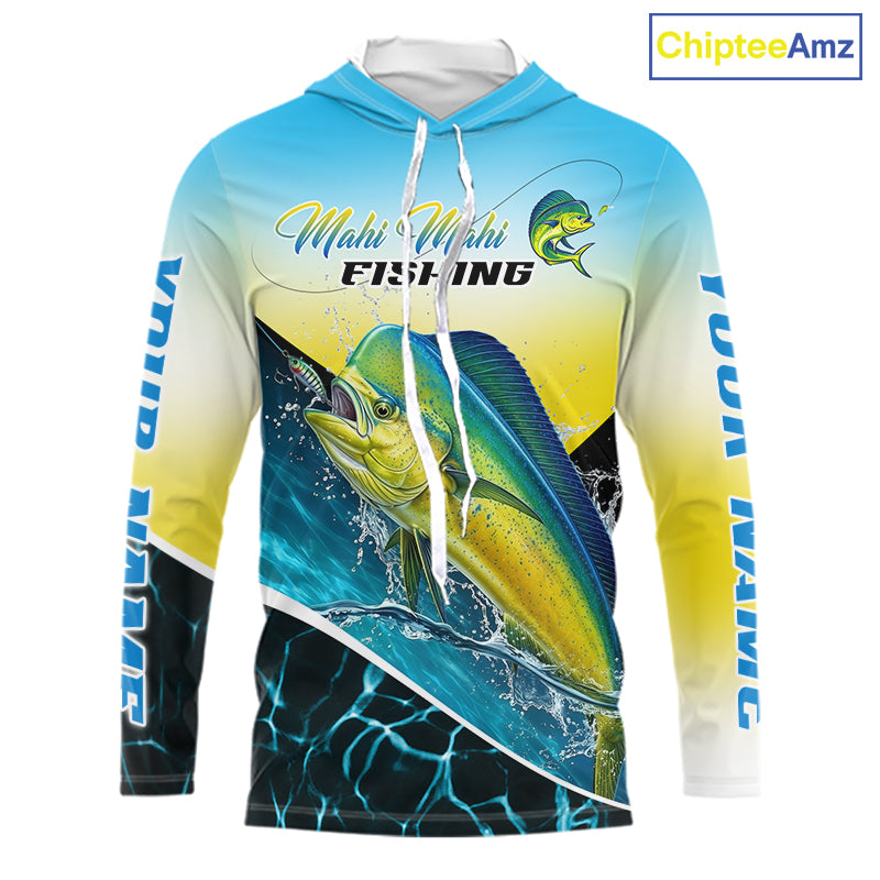 A long-sleeve hooded shirt with an all-over Mahi Mahi fishing graphic, featuring a large marlin fish, blue and yellow gradient background, and white drawstrings. The brand name 'ChipteeAmz' is visible in the top right corner.