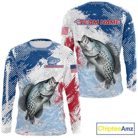 Custom Patriotic American Flag Crappie Fishing Shirts Long Sleeve, Fishing Tournament Jerseys NHT550