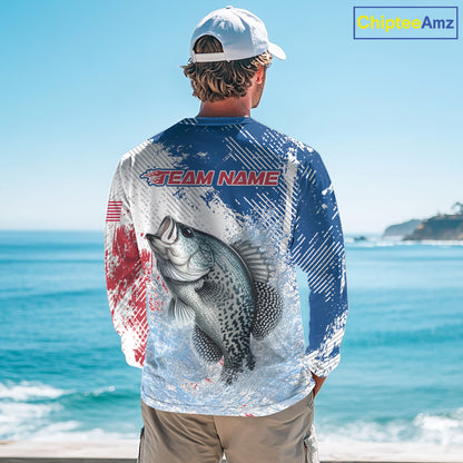 Custom Patriotic American Flag Crappie Fishing Shirts Long Sleeve, Fishing Tournament Jerseys NHT550