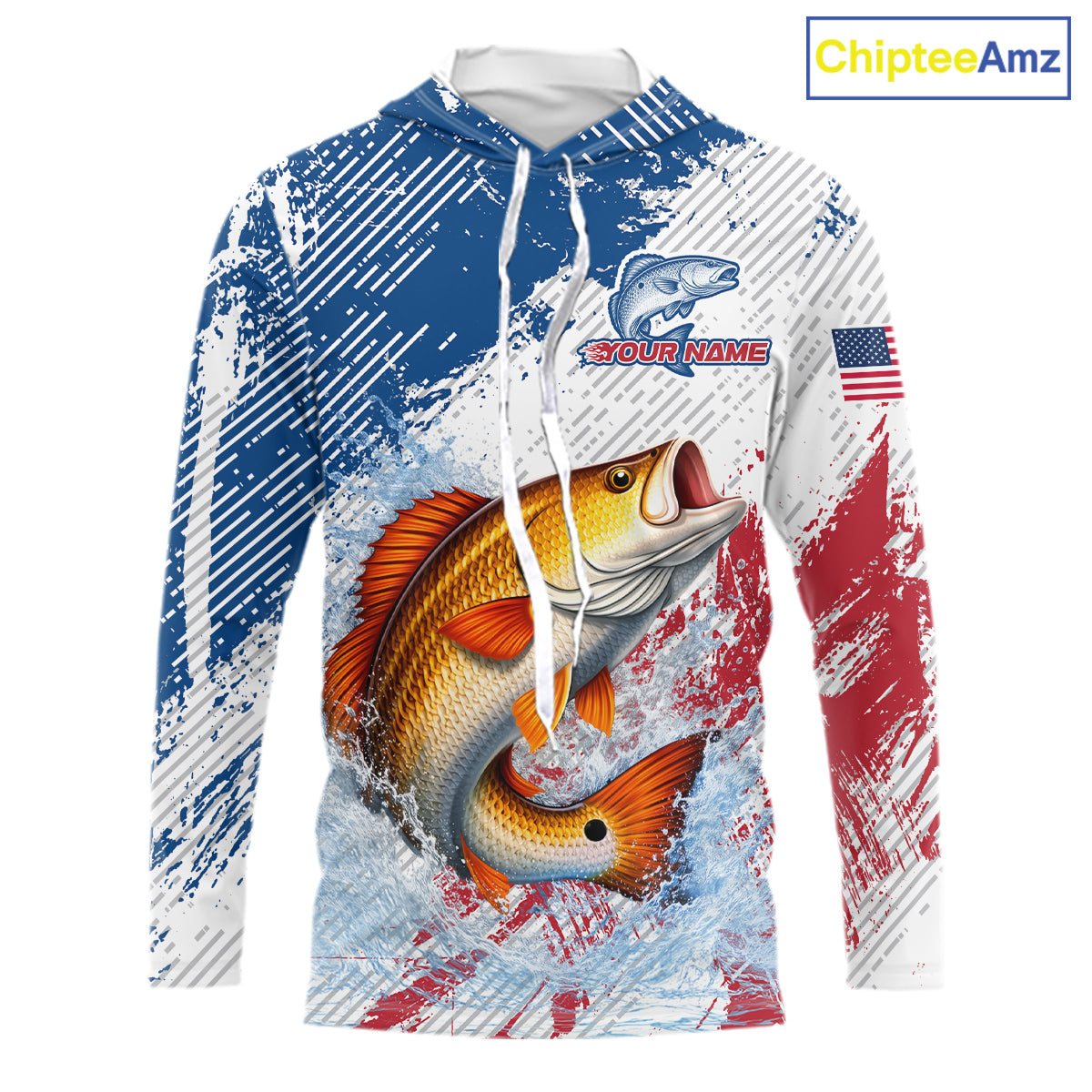 Custom Patriotic American Flag Redfish Fishing Shirts Long Sleeve Hooded, Fishing Tournament Jerseys NHT551