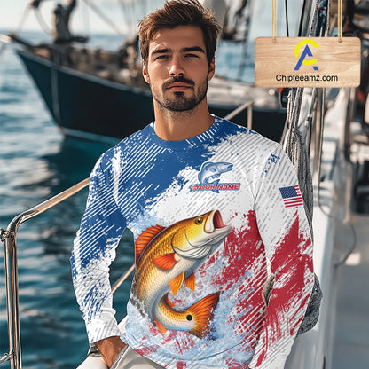 Custom Patriotic American Flag Redfish Fishing Shirts Long Sleeve, Fishing Tournament Jerseys NHT551