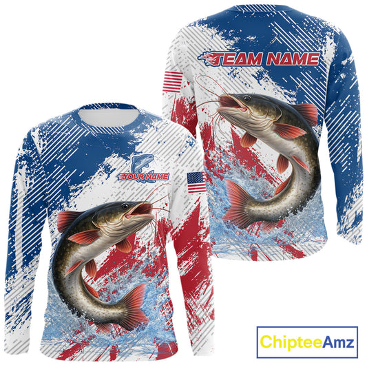 Custom Patriotic American Flag Catfish Fishing Shirts Long Sleeve, Fishing Tournament Jerseys NHT552