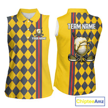 Load image into Gallery viewer, Personalized Womens Sleeveless Golf Polo Shirt Beer And Golf Ball Graphic Custom Team Name Golf Jersey|Yellow 
