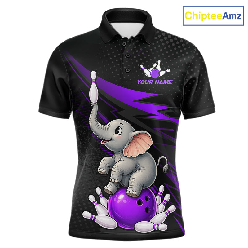 A black short-sleeve polo shirt with a cartoon baby elephant bowling graphic on the front, featuring a purple bowling ball, bowling pins, purple lightning accents, and a customizable name placeholder. The ChipteeAmz logo is visible in the top right corner.