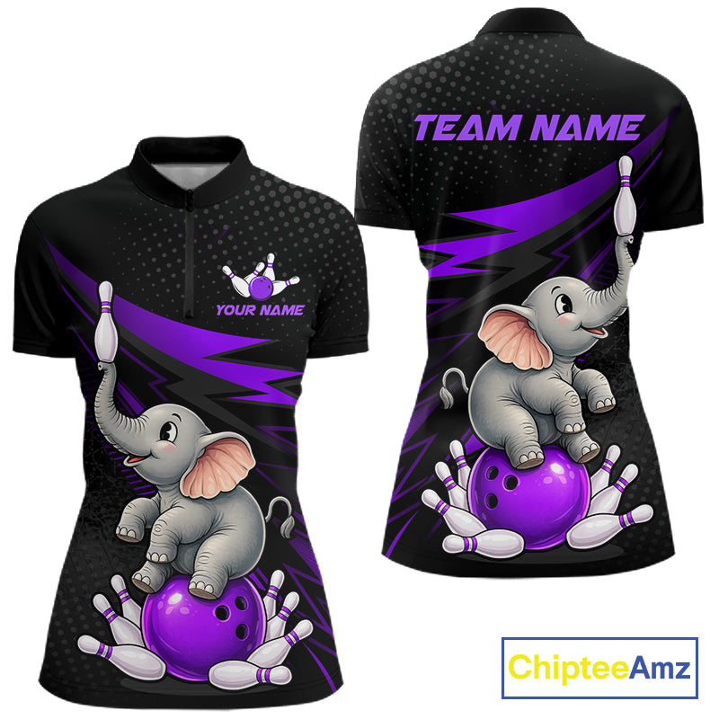 Front and back views of a black short-sleeve polo shirt with a cartoon baby elephant sitting on a purple bowling ball and bowling pins, with purple lightning accents and customizable text areas on the chest and back. A ChipteeAmz logo is visible in the bottom right corner.