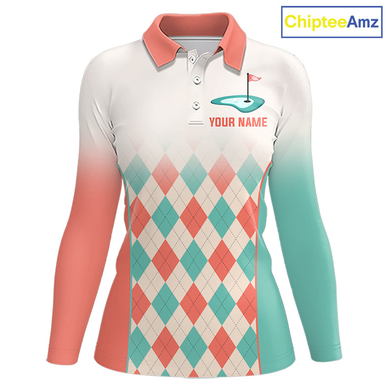 Argyle Pattern Golf Polo Shirts For Womens Custom Name, Golf Pattern Orange Turquoise Shirt Gifts NHT929