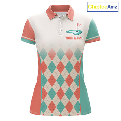 Argyle Pattern Golf Polo Shirts For Womens Custom Name, Golf Pattern Orange Turquoise Shirt Gifts NHT929