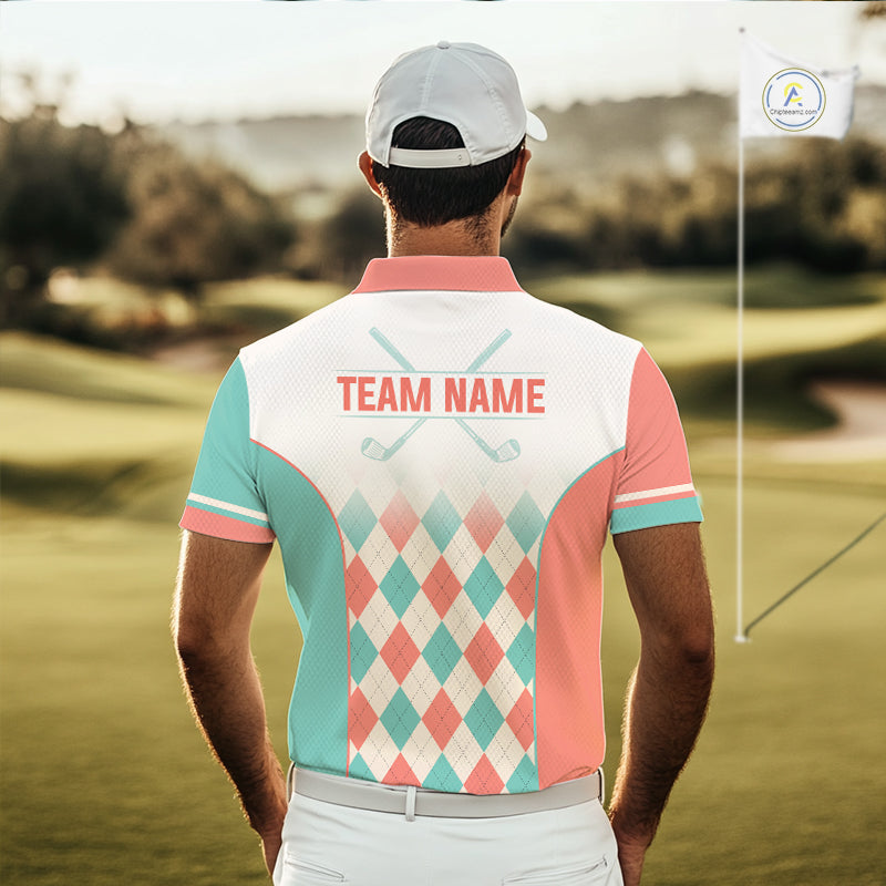 Argyle Pattern Golf Polo Shirts For Mens Custom Name, Golf Pattern Orange Turquoise Shirt Gifts NHT929