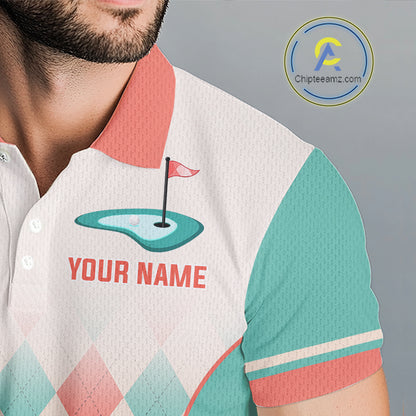 Argyle Pattern Golf Polo Shirts For Mens Custom Name, Golf Pattern Orange Turquoise Shirt Gifts NHT929