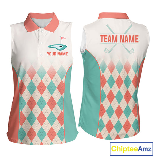 Argyle Pattern Womens Sleeveless Golf Polo Shirts For Womens Custom Name, Golf Pattern Orange Turquoise Shirt Gifts NHT929