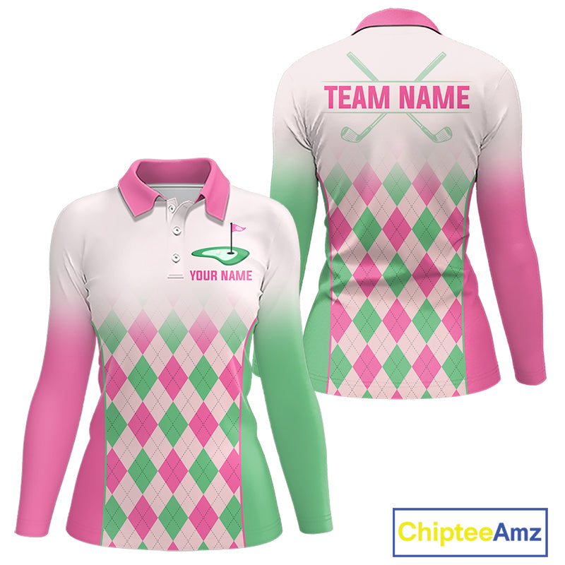 Argyle Pattern Golf Polo Shirts For Womens Custom Name, Golf Pattern Pink Green Shirt Gifts NHT930