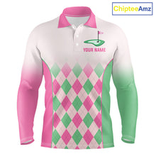 Load image into Gallery viewer, Argyle Pattern Golf Polo Shirts For Mens Custom Name, Golf Pattern Pink Green Shirt Gifts NHT930