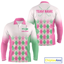 Load image into Gallery viewer, Argyle Pattern Golf Polo Shirts For Mens Custom Name, Golf Pattern Pink Green Shirt Gifts NHT930