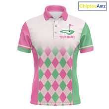 Load image into Gallery viewer, Argyle Pattern Golf Polo Shirts For Mens Custom Name, Golf Pattern Pink Green Shirt Gifts NHT930