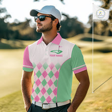 Load image into Gallery viewer, Argyle Pattern Golf Polo Shirts For Mens Custom Name, Golf Pattern Pink Green Shirt Gifts NHT930