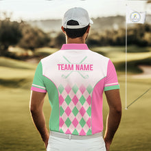 Load image into Gallery viewer, Argyle Pattern Golf Polo Shirts For Mens Custom Name, Golf Pattern Pink Green Shirt Gifts NHT930
