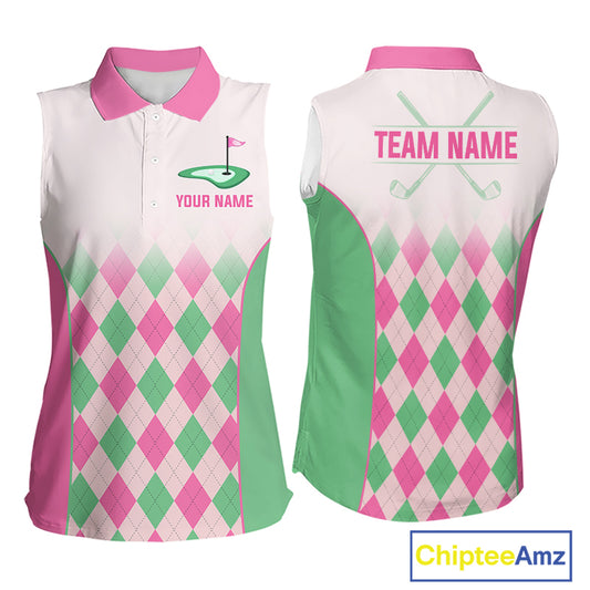 Argyle Pattern Womens Sleeveless Golf Polo Shirts For Womens Custom Name, Golf Pattern Pink Green Shirt Gifts NHT930