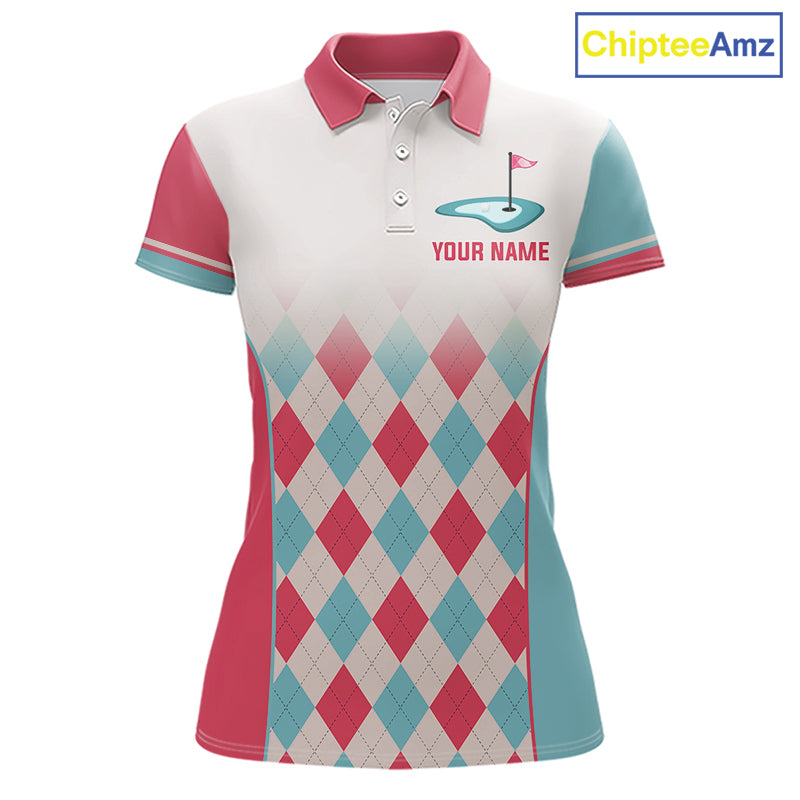 Argyle Pattern Golf Polo Shirts For Womens Custom Name, Golf Pattern Red Blue Shirt Gifts NHT931