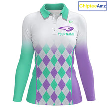 Load image into Gallery viewer, Argyle Pattern Golf Polo Shirts For Womens Custom Name, Golf Pattern Turquoise Purple Shirt Gifts NHT932