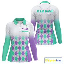 Load image into Gallery viewer, Argyle Pattern Golf Polo Shirts For Womens Custom Name, Golf Pattern Turquoise Purple Shirt Gifts NHT932