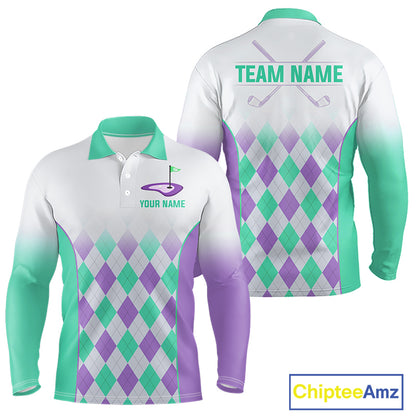 Argyle Pattern Golf Polo Shirts For Mens Custom Name, Golf Pattern Turquoise Purple Shirt Gifts NHT932