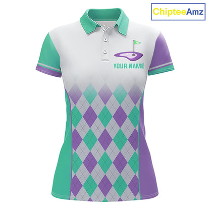 Argyle Pattern Golf Polo Shirts For Womens Custom Name, Golf Pattern Turquoise Purple Shirt Gifts NHT932